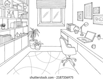 Home office graphic black white interior sketch illustration vector 