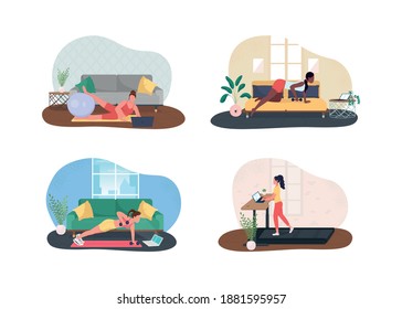 Home Office Gym 2D Vector Web Banner, Poster Set. Space For Physical Activity. Working Women Flat Characters On Cartoon Background. Workstation Printable Patch, Colorful Web Element Collection