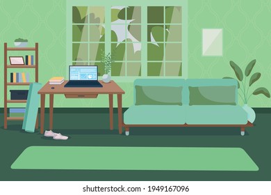 Home office with gym equipment flat color vector illustration. Healthy lifestyle, remote work. Freelancer workplace. Modern apartment in green trend 2D cartoon interior with window on background
