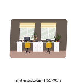 Home office hand drawn flat style vector illustration. Desk for two work spaces. Freelancer work place. 