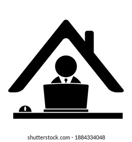 Home office icon. Remote work symbol with business man and computer. Online job concept during corona virus pandemic. Black design isolated on white background.