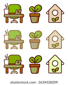 Conjunto de iconos de oficina en casa en varios estilos de color. Incluye escritorio, computadora portátil, planta y símbolos de la casa en diseño plano. Perfecto para el Web, los App y la presentación