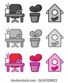 Home office icon set in multiple color styles. Includes desk, laptop, plant, and house symbols in flat design. Perfect for web, apps, and presentations red black and white