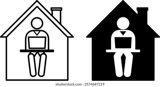 Home Office Icons. Black and White Vector Icon. Man Working on Laptop at Home. Freelance, Remote Work. Office Concept