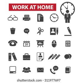 Home office icons concept. Printer, business, freelance, pen, pencil, phone, chart, board, deadline, document, presentation, time management, books, scissors. Vector illustration set.