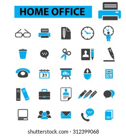 Home office icons concept. Printer, business, freelance, pen, pencil, phone, chart, board, deadline, document, presentation, time management, books, scissors. Vector illustration set.