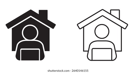Home office icons depicting a person working on a laptop inside a house structure with two color variations