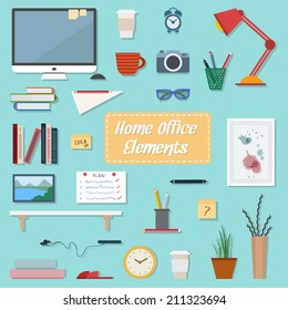 Home office icons set. Freelancers working elements and items. Flat style vector illustration.