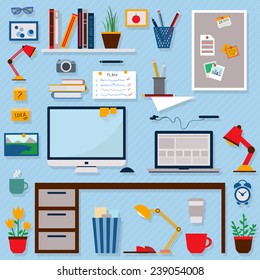 Home Office Icons Set. Freelancers Working Elements And Items. Flat Style Vector Illustration.