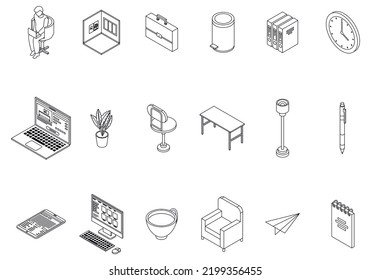 Home office icons set. Isometric set of home office vector icons outline thin lne isolated on white