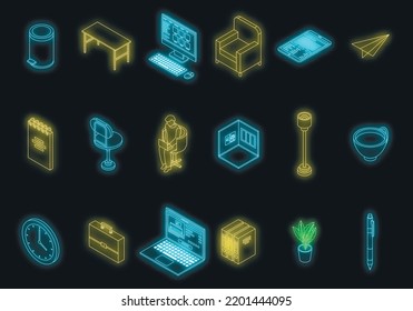Home office icons set. Isometric set of home office vector icons neon color on black
