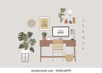 Home office illustration. Boho interior design. Workplace room, studio. Colorful vector illustration in flat cartoon style.