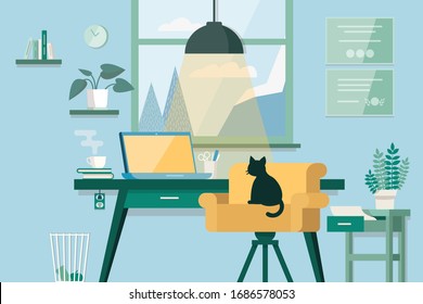 Ilustración de la oficina doméstica, espacio de trabajo personal. Diseño vectorial bonito de estilo moderno para sus proyectos.