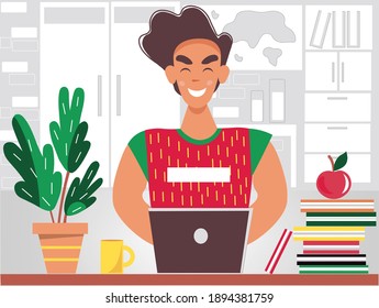 Hogar. Trabajo a distancia en interiores. Un hombre independiente con la laptop. Espacio de coworking. Ilustración plana vectorial.