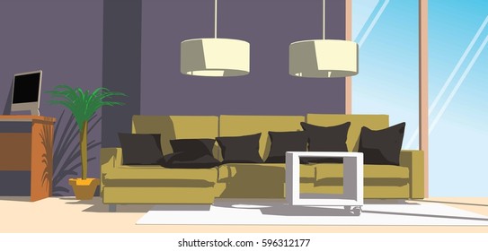 Home office interior with brown sofa and lamps
