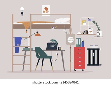A home office interior with a bunk bed and other furniture, no people