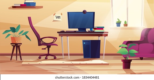 Home office interior in cartoon style. Room with table, computer, chair, plants in pots, window, sofa. Vector illustration.