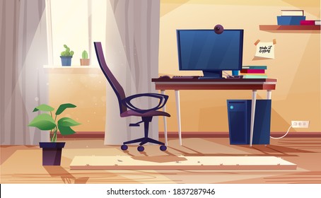 Home office interior in cartoon style. Room with table, computer, chair, plants in pots, window. Vector illustration.