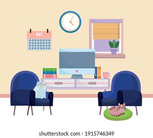 home office interior computer furniture books calendar clock chairs and cats resting on cushion vector illustration