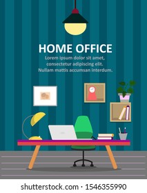 Home office interior with computer, lamp, chair and table . Flat background for text. Workspace, home office, freelance, coworking space web banner or poster design. Vector illustration.