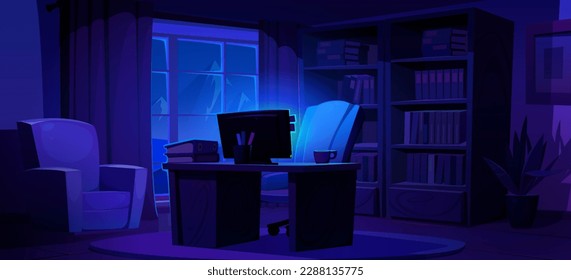 Interior de la casa con ordenador en el escritorio, silla y biblioteca por la noche. Gabinete de trabajo oscuro vacío con monitor en la mesa, sillón, cortinas en la ventana y libros en estantes, ilustración vectorial de dibujos animados