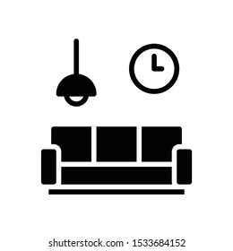 Home And Office Interior Deco Couch Concept Vector Icon, Sofa Hanging Light And Clock Design, Living Room Wall Decoration On White Background