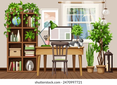 Home office interior design with a desk, a shelving, a window, and a lot of houseplants. Cozy home office design. Cartoon vector illustration. Hand-drawn illustration, not AI