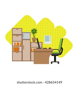 Home Office Interior Design Flat Cartoon Stylized Vector Illustration