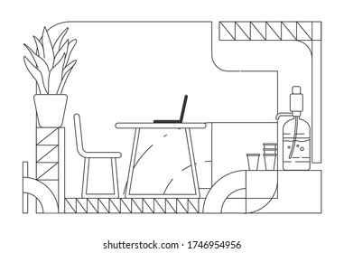 Home office interior design outline vector illustration. Contemporary company boss workplace contour composition on white background. Water cooler, computer on desk simple style drawing