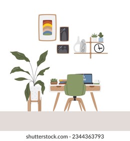 Home office interior design. Wall shelf full of plants and home decor. Study space decorated with poster and sculptures. Different houseplants in living. Workplace hand drawn flat vector illustration