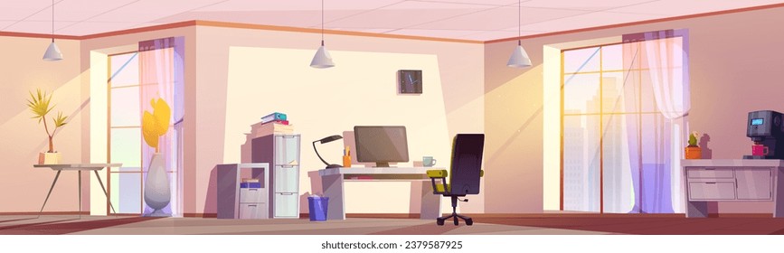 Interior de la oficina en el hogar en fondo vectorial plano. Sala de armario moderna con ordenador en el escritorio, cafetera, silla y rayo solar desde la ventana. Entorno de estudio en el lugar de trabajo remoto