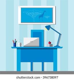 Home office interior with furniture, books, coffee, picture on the wall and laptop. Modern creative workspace. Vector flat illustration.