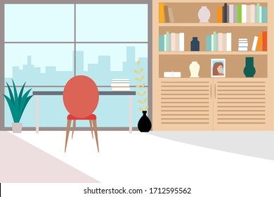 Home office interior with furniture, a large closet, a red armchair and a large panoramic window with city views.