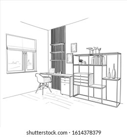 Home Office Interior Hand Drawn Sketch.