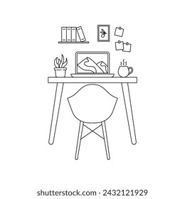 Home office interior illustration, line style editable stroke