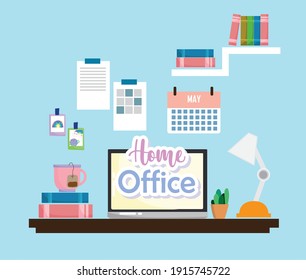 home office interior laptop at desk with lamp cactus books and coffee cup vector illustration