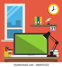 Home office interior. Modern workspace on home or studio. Flat vector illustration.