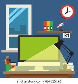 Home office interior. Modern workspace on home or studio. Flat vector illustration.