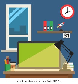 Home office interior. Modern workspace on home or studio. Flat vector illustration.