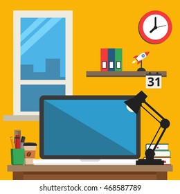 Home office interior. Modern workspace on home or studio. Flat vector illustration.