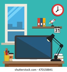 Home office interior. Modern workspace on home or studio. Flat vector illustration.