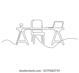 Home office interior in one continuous line drawing. Working area for business or freelance in simple linear style. Editable outline illustration