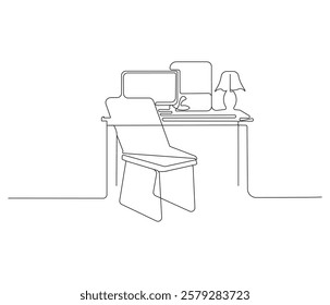 Home office interior in one continuous line drawing. Working area for business or freelance in simple linear style. Editable outline illustration
