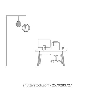 Home office interior in one continuous line drawing. Working area for business or freelance in simple linear style. Editable outline illustration