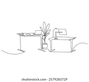 Home office interior in one continuous line drawing. Working area for business or freelance in simple linear style. Editable outline illustration