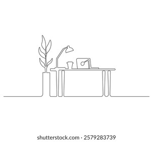 Home office interior in one continuous line drawing. Working area for business or freelance in simple linear style. Editable outline illustration