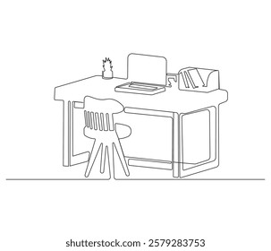 Home office interior in one continuous line drawing. Working area for business or freelance in simple linear style. Editable outline illustration