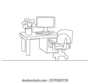 Home office interior in one continuous line drawing. Working area for business or freelance in simple linear style. Editable outline illustration
