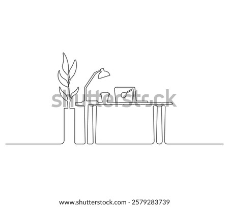 Home office interior in one continuous line drawing. Working area for business or freelance in simple linear style. Editable outline illustration