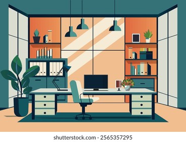Home office interior with pc computer on work desk and armchairs, office room Interior architecture design template in flat style Vector illustration.